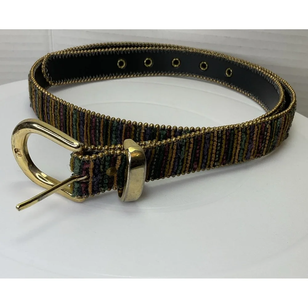 Tapestry Striped Multi Color Women's Beaded Belt‎ Size L Gold-Tone Buckle Boho